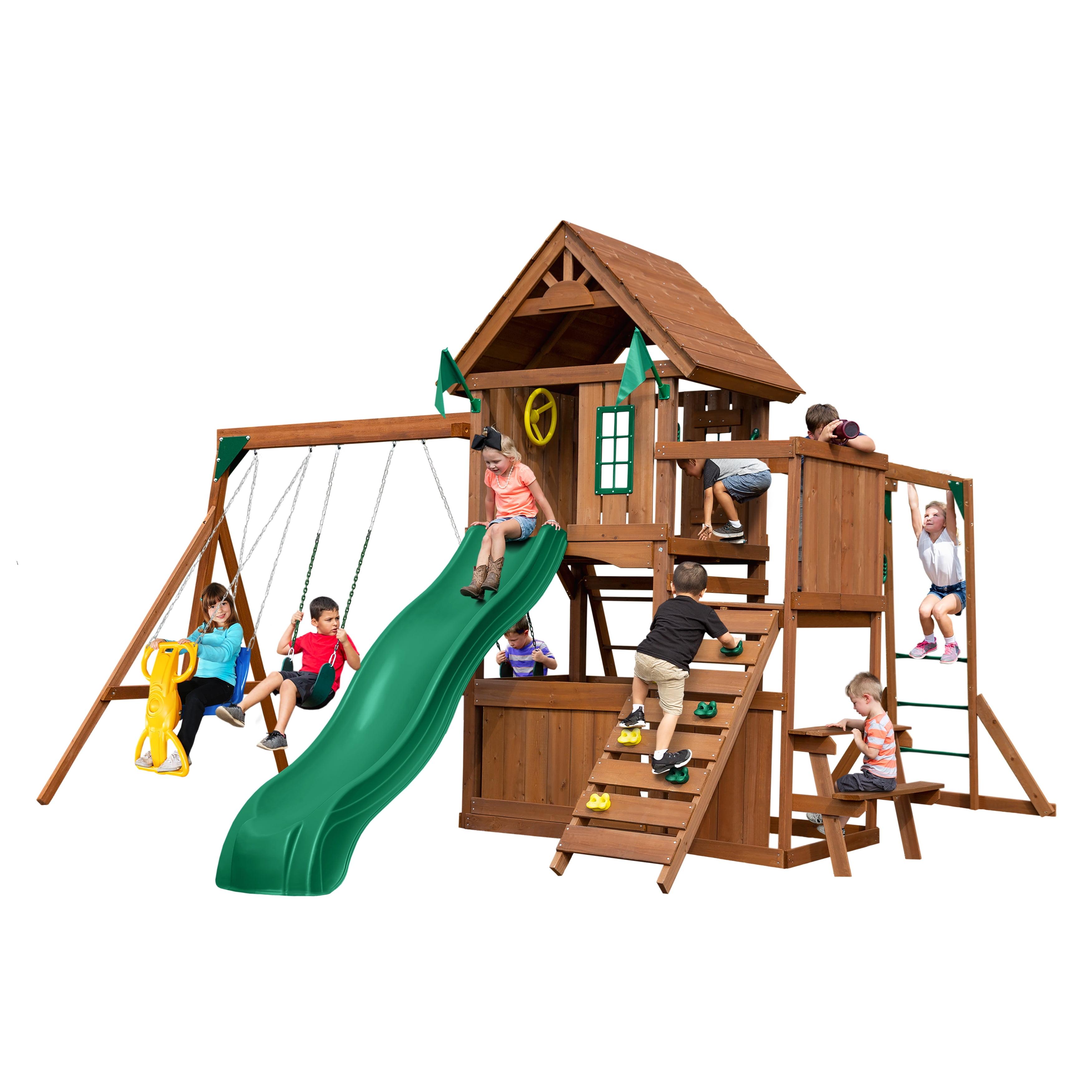 Knightsbridge Ultimate Wood Backyard Swing Set with Slide and Climbing Wall