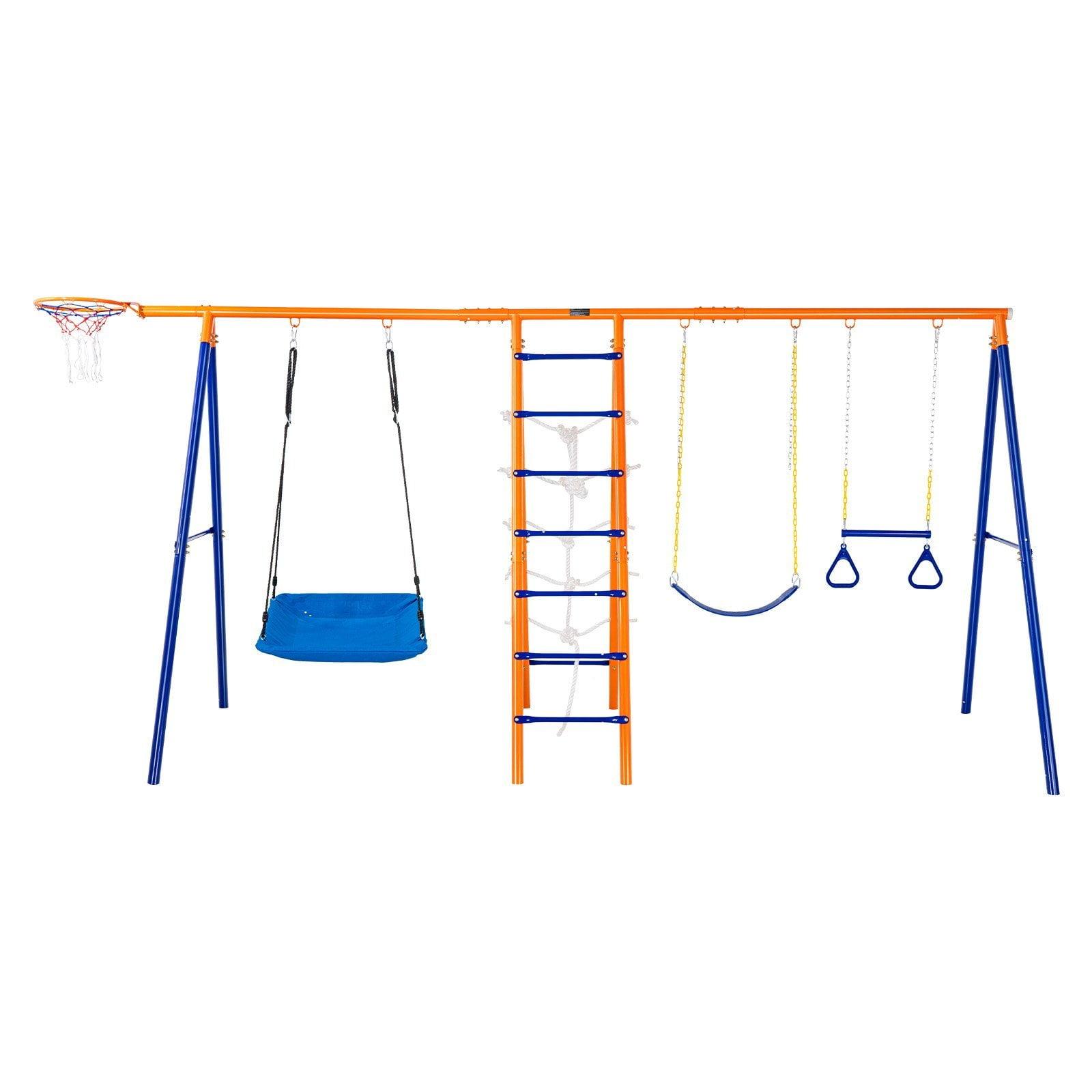 Orange and Blue 6-in-1 Metal Swing Set with Climbing Net