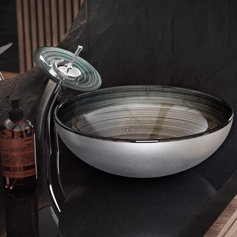 Swiss Madison Cascade 16.5 Glass Vessel Sink with Faucet, Smoky Grey