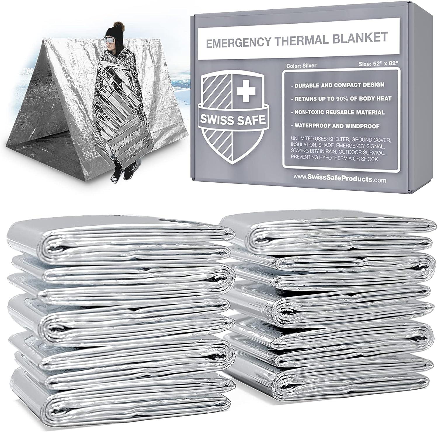 Swiss Safe Emergency Mylar Thermal Blankets Premium 12-Micron 52" X 82" Silver 10-Pack