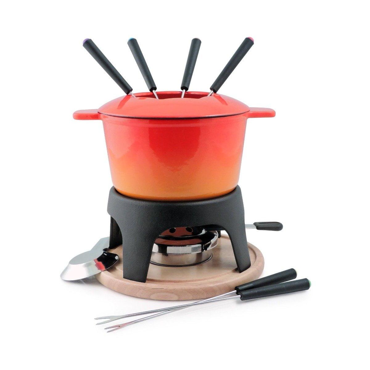 Gradient Orange Cast Iron Fondue Set with Wooden Base