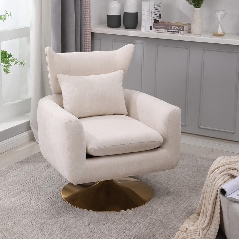 Beige Linen Swivel Barrel Accent Chair with Gold Base