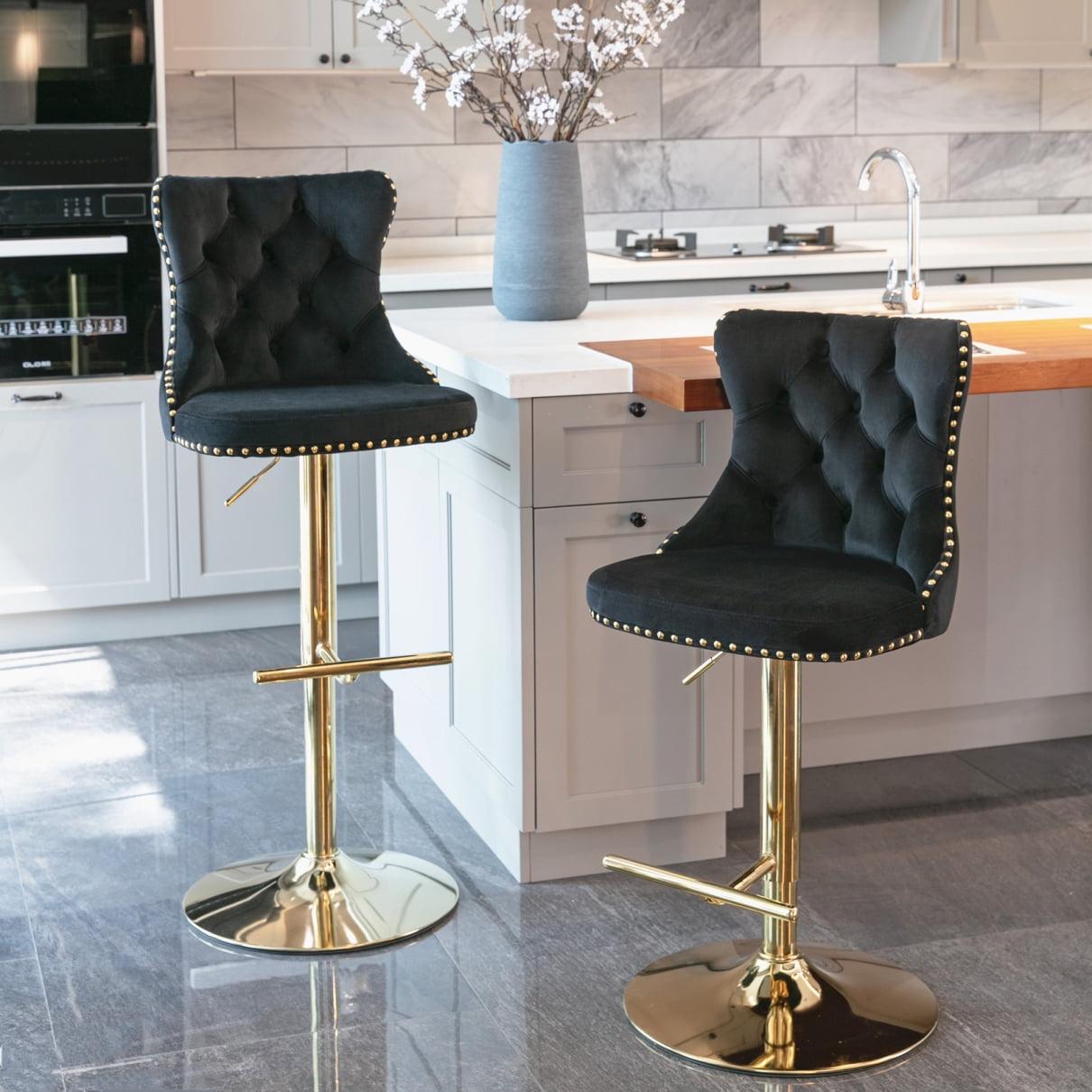 Swivel Bar Stools Set of 2, Adjustable Counter Height Barstools with Button Tufted Back and Golden Footrest, Velvet Nailheads Trim Bar Chairs for Dining Room Bar Kitchen Pub, Black