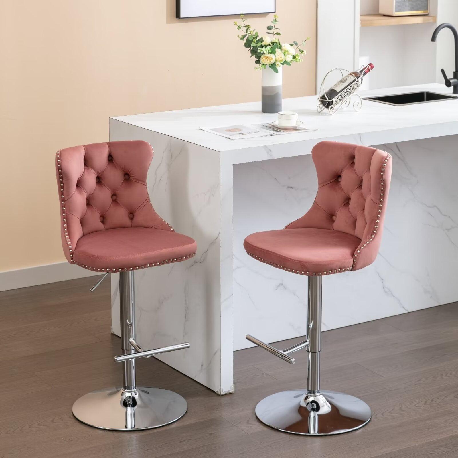 Swivel Bar Stools Set of 2, Adjustable Counter Height Barstools with Wing Back, Nailheads Trim and Silver Footrest, Velvet Button Tufted Upholstered Bar Chairs for Dining Room Kitchen Island, Pink