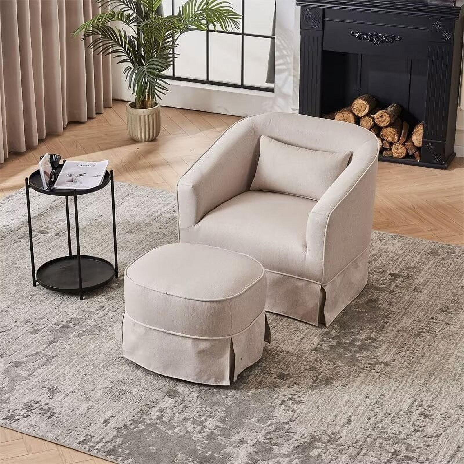 Beige Linen Swivel Barrel Accent Chair with Ottoman