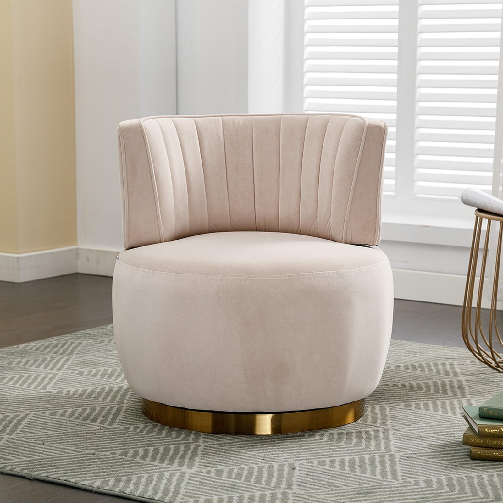 Beige Velvet Swivel Barrel Accent Chair with Metal Base