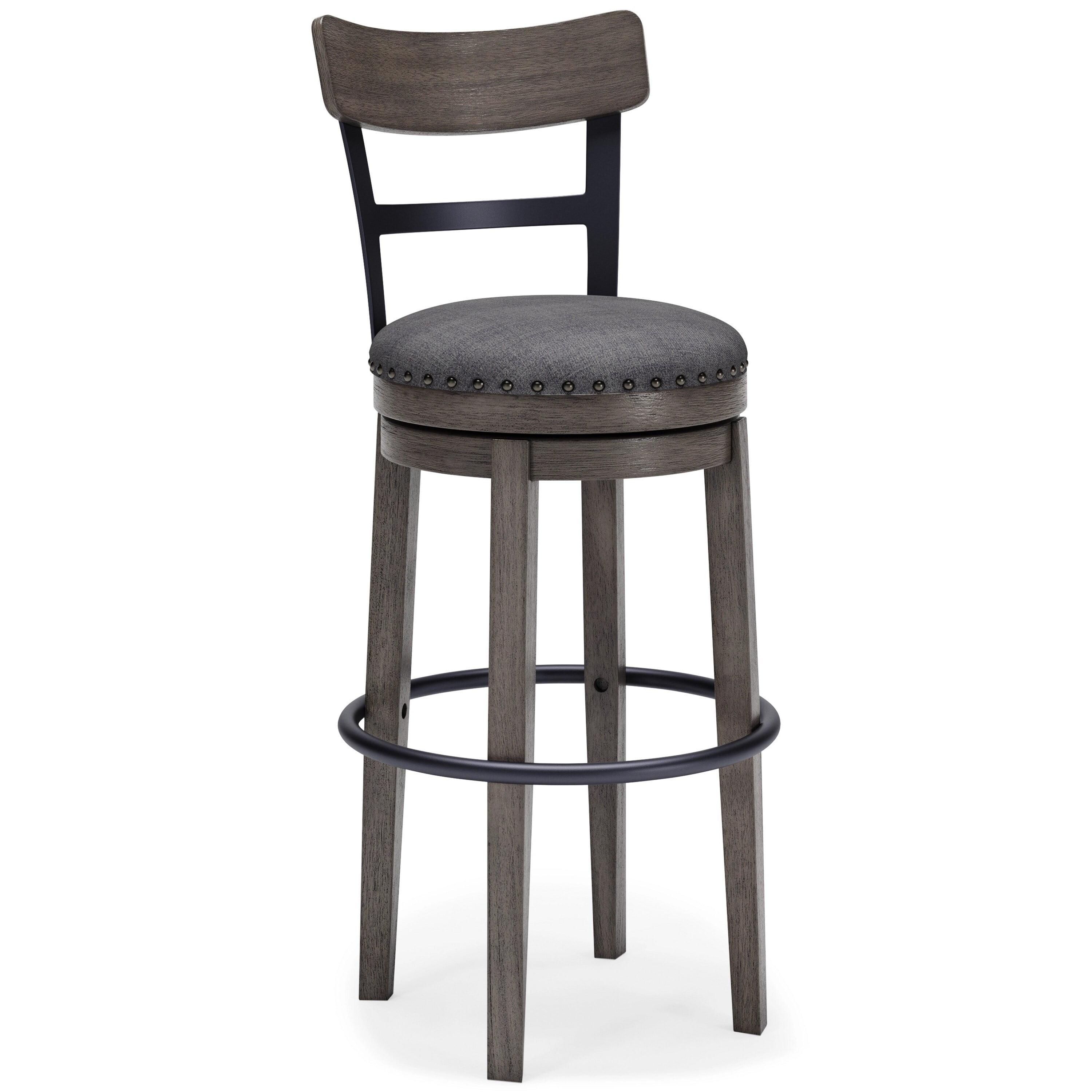 Elegant Gray Swivel Barstool with Curved Back and Nailhead Trim