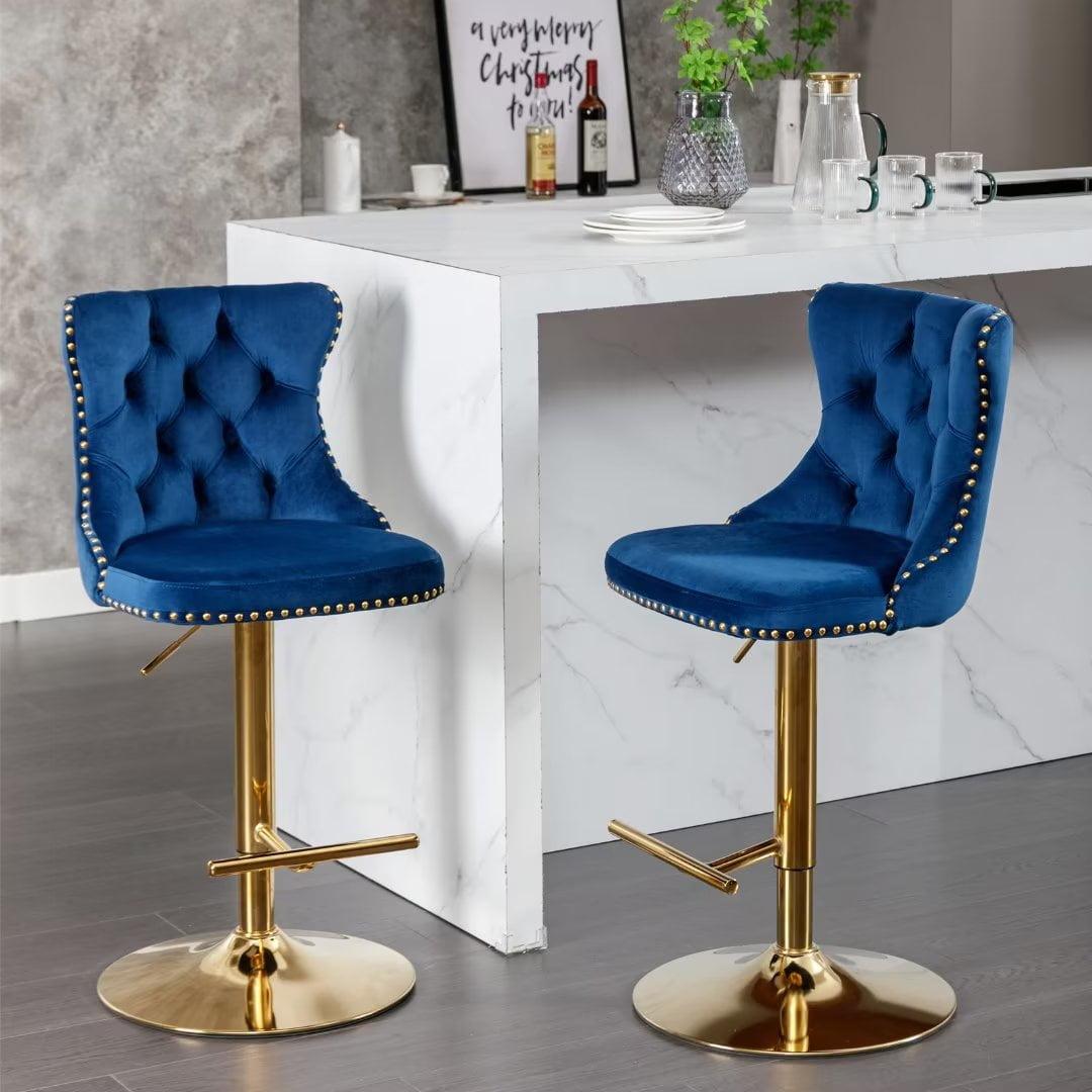 Blue Velvet Adjustable Swivel Bar Stools with Gold Base, Set of 2