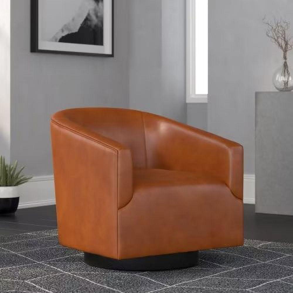 Gaven Black Faux Leather Swivel Barrel Chair with Wood Base