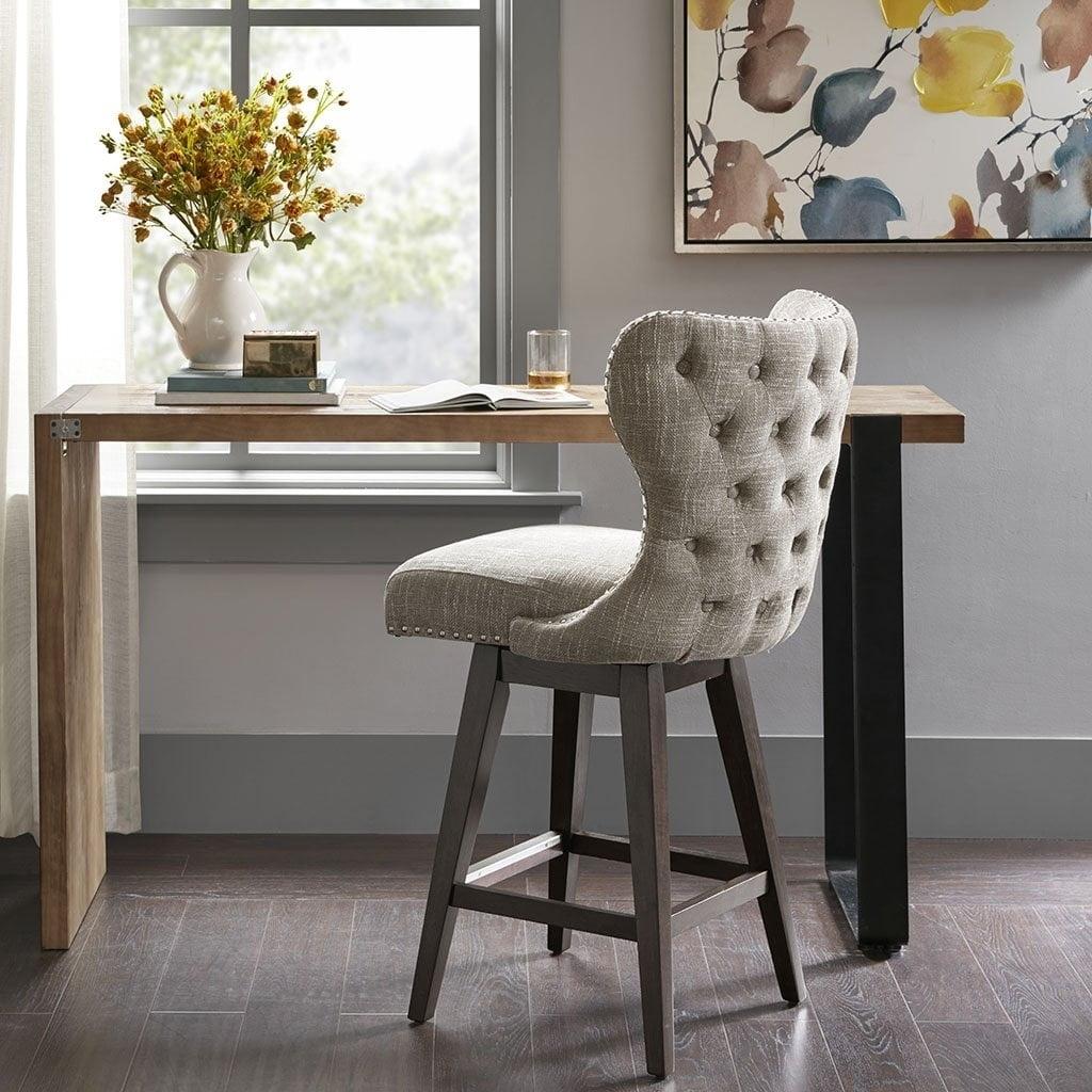 Taupe Wingback Swivel Counter Stool with Nailhead Trim