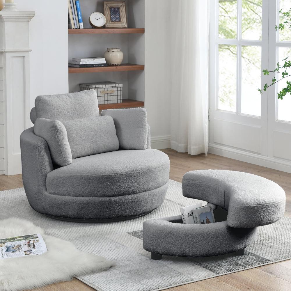 Gray Swivel Barrel Chair with Storage Ottoman and Pillows