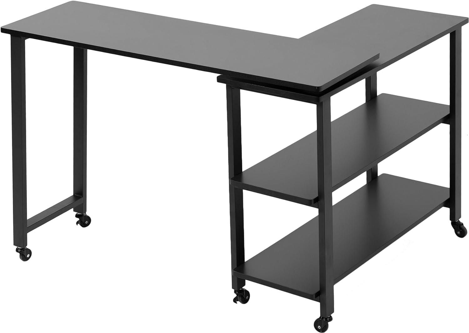 Black Glossy Particle Board Mobile Corner Writing Desk with Drawer