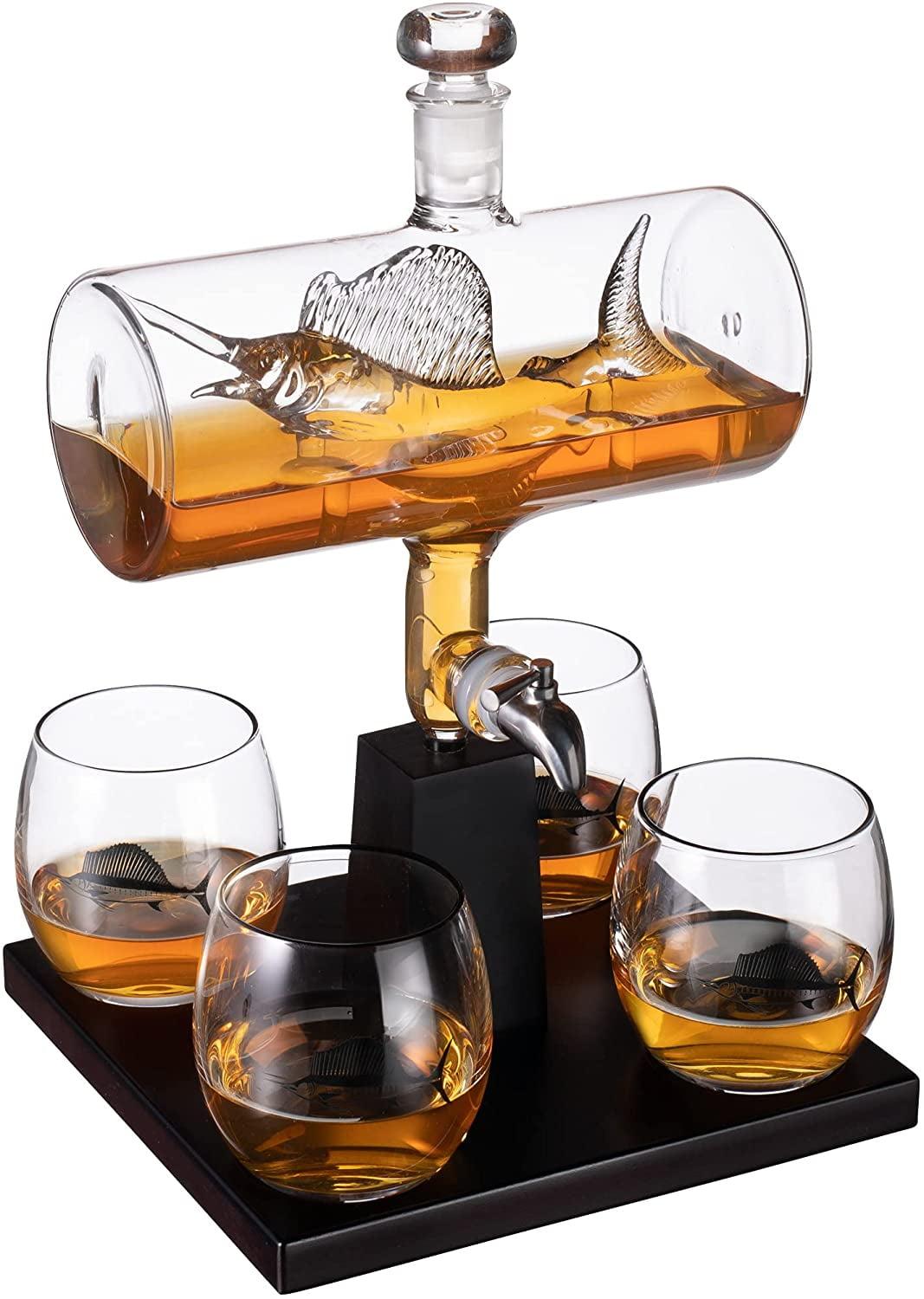 Sailfish Etched Glass Whiskey Decanter Set with Mahogany Base