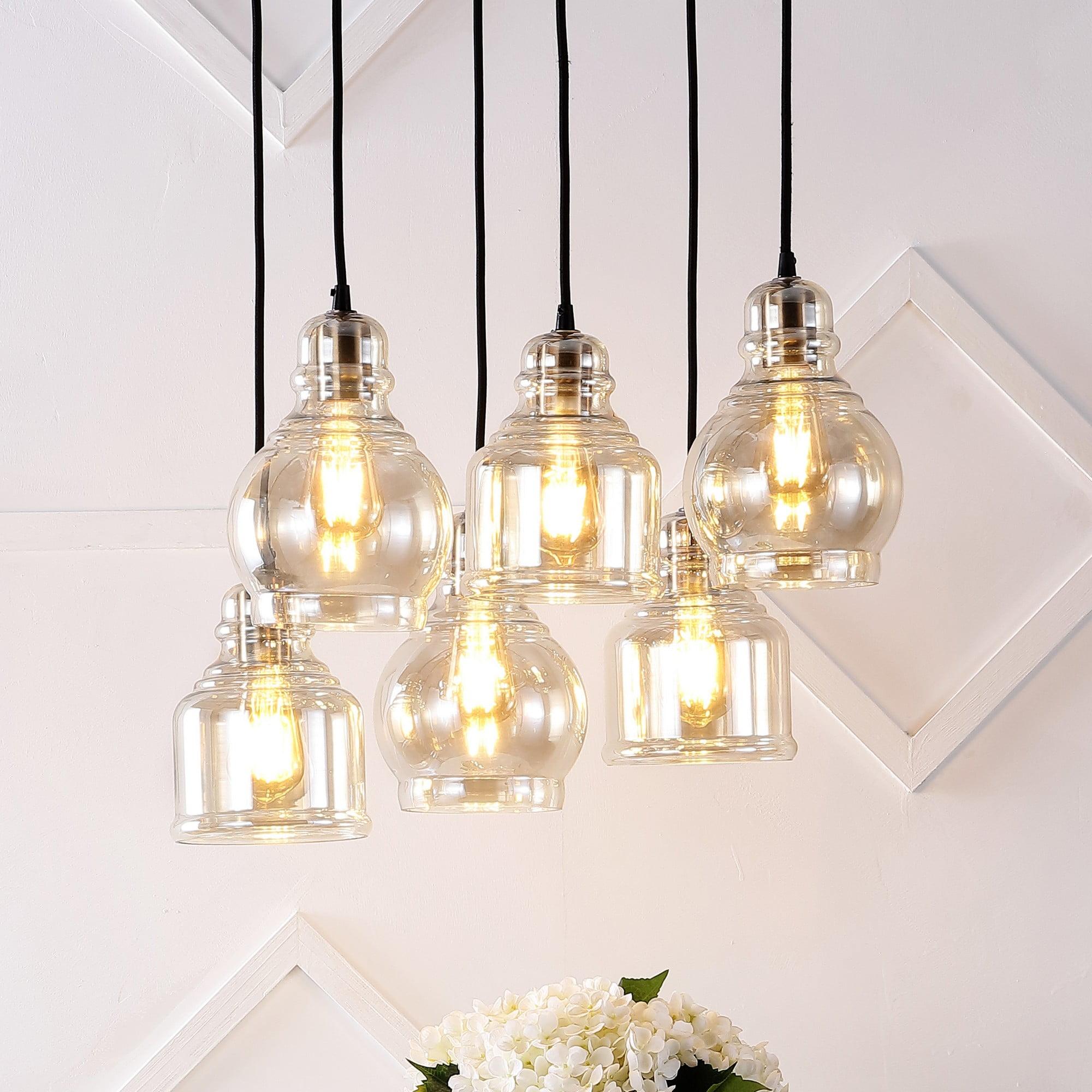 Sydney 18.88" 6-Light Bohemian Farmhouse Iron/Glass Cluster LED Pendant, Nickel/Champagne