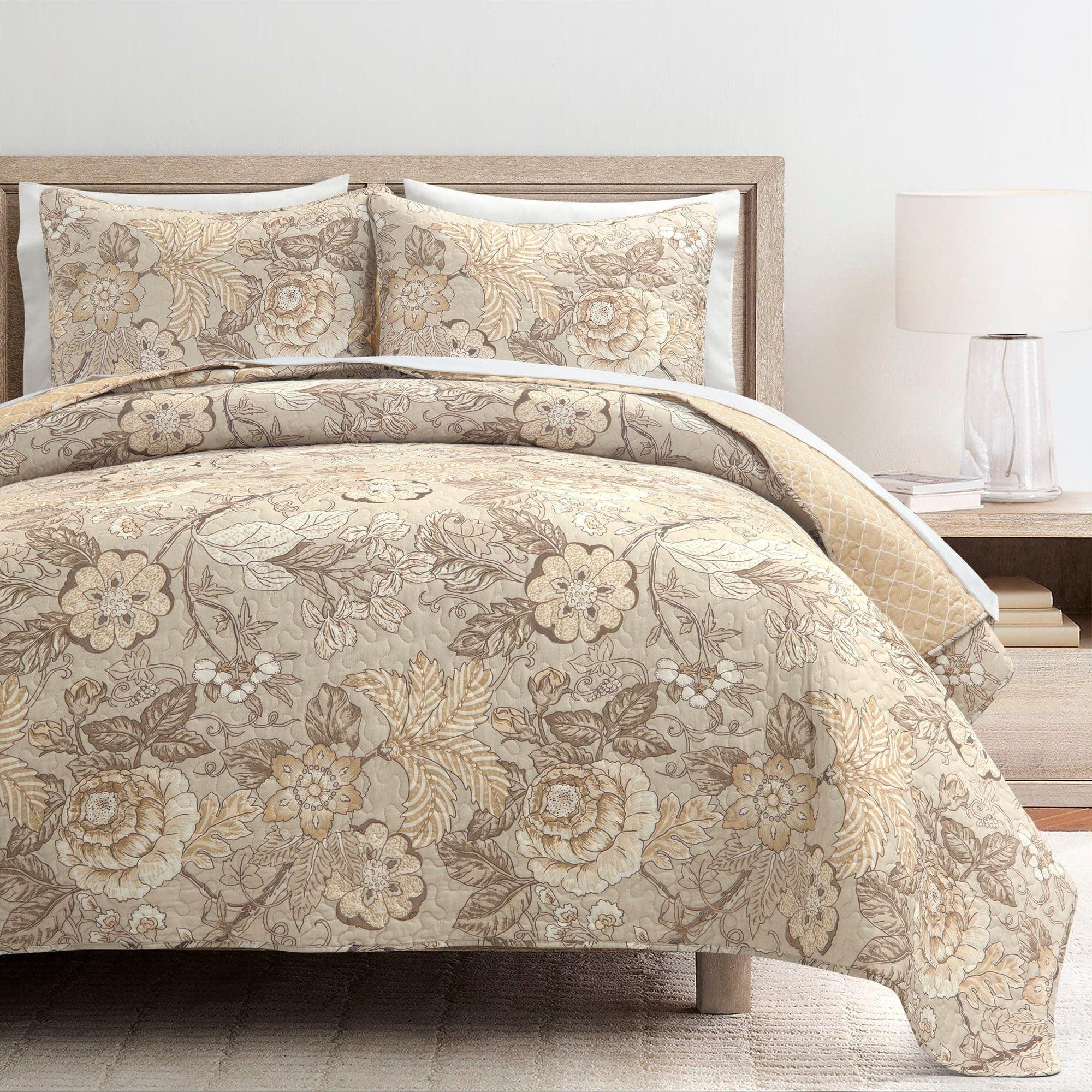 Beige Standard Cotton Reversible 3 Piece Quilt Set