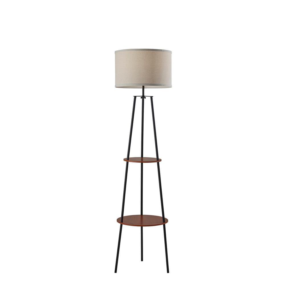 Modern Chic Black Metal Tripod Floor Lamp with Walnut Wood Shelves