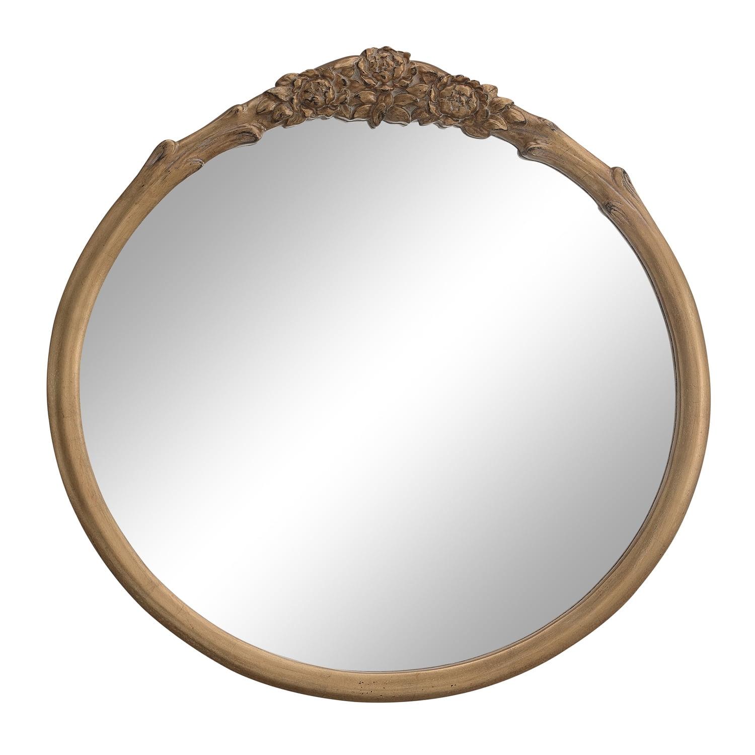 Transitional Round Wood Wall Mirror with Gold Floral Carving, 30"