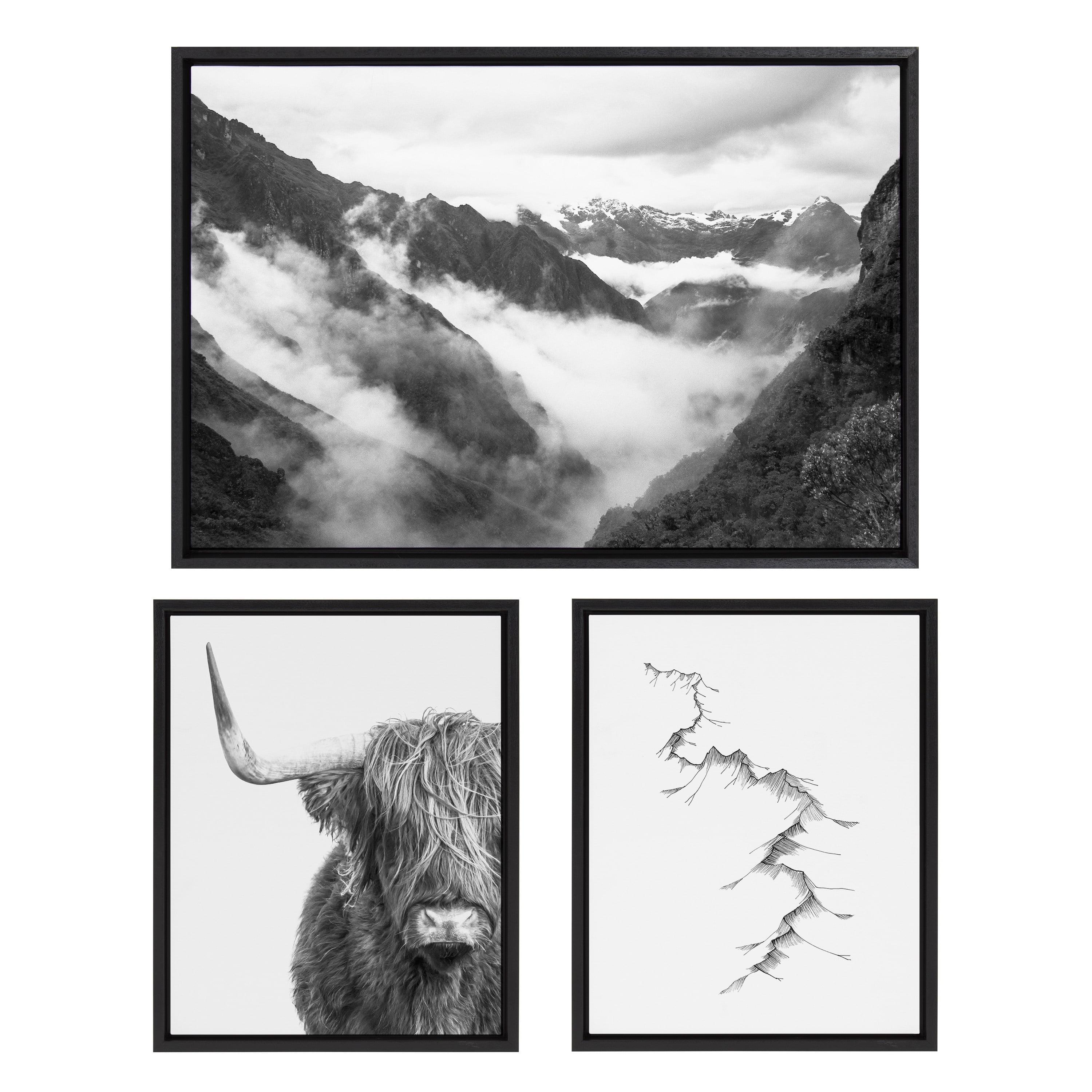 Sylvie Highland Cow, Mountains, and Inca Trail 23 in x 33 in Framed Photography Canvas Art Prints, by Kate and Laurel Set of 3