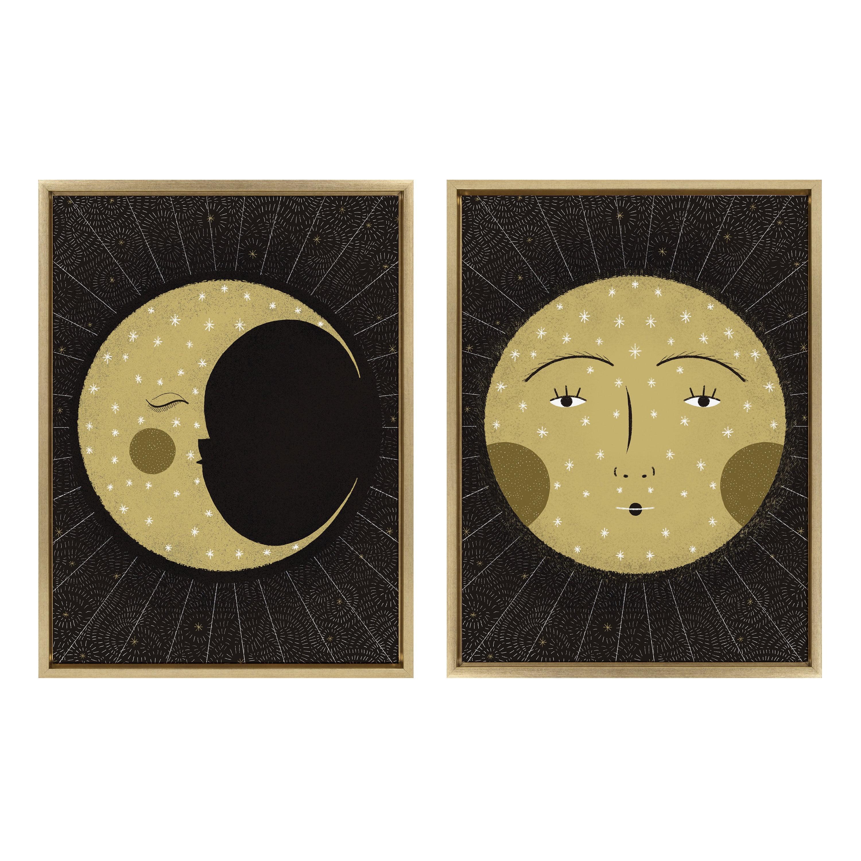 Kate & Laurel All Things Decor (Set of 2) 18" x 24" Sylvie Moon Print and Sun Print Framed Canvas Set Gold : Astronomical Theme