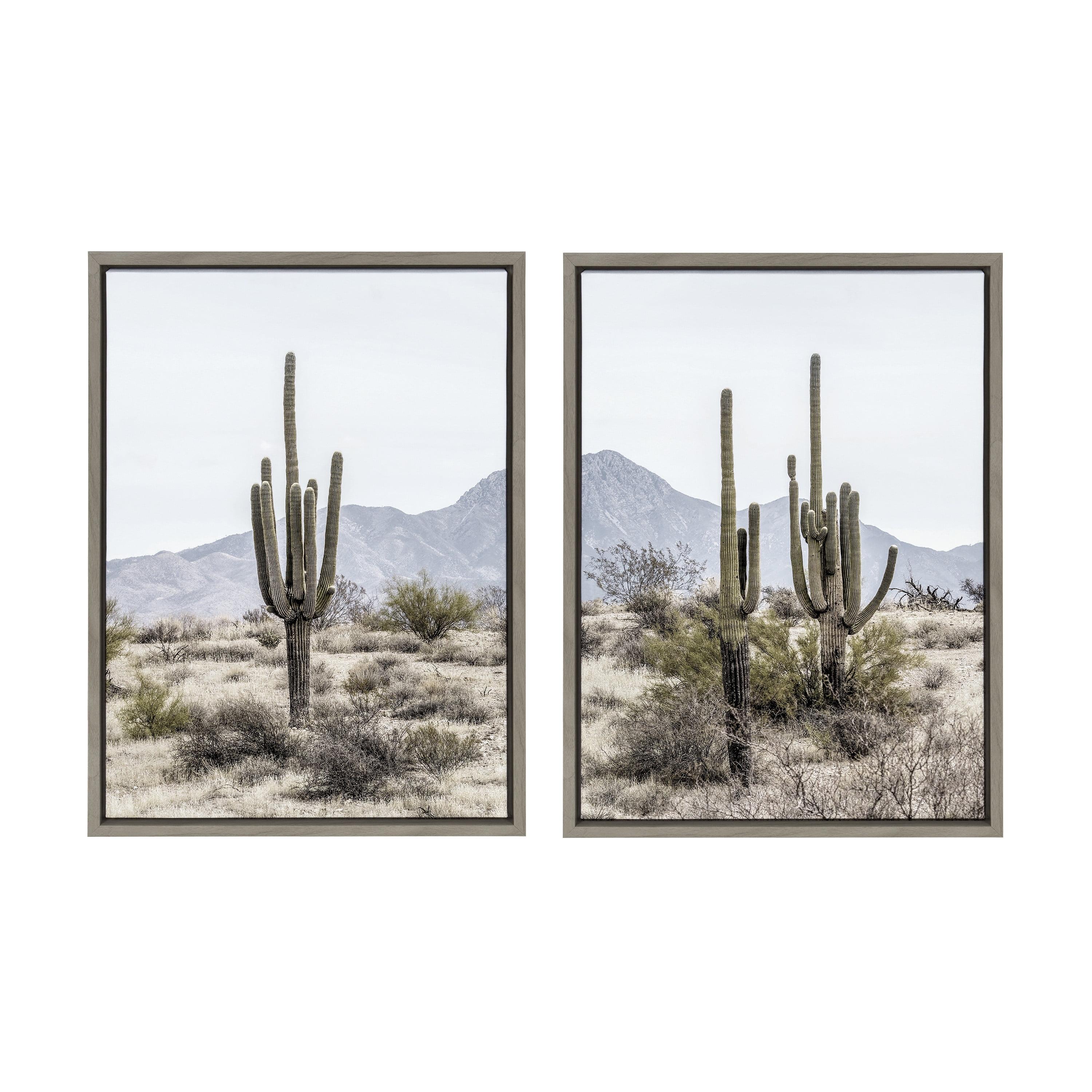 Tall Saguaro Cacti Desert Mountain Gray Framed Canvas Art Set