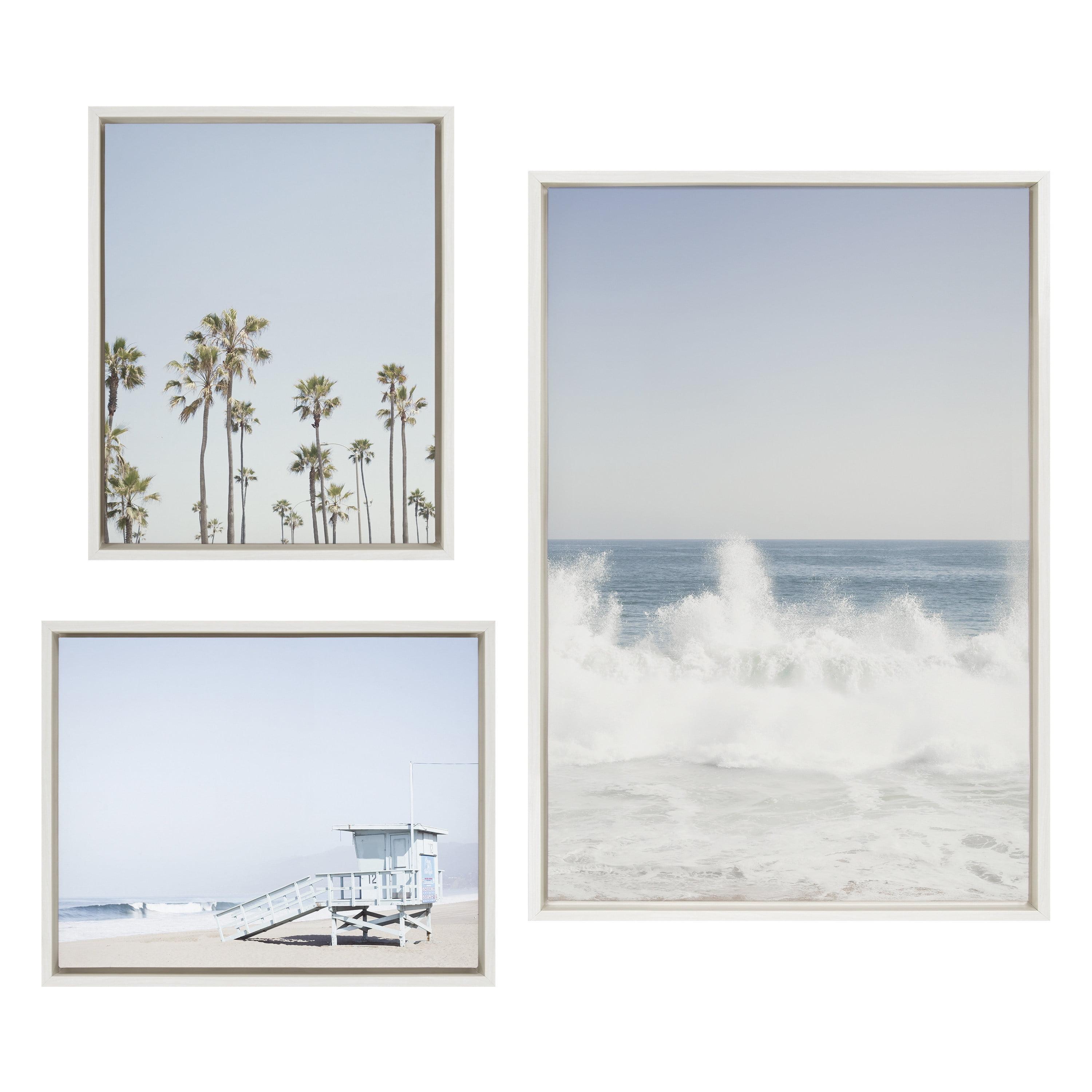 Sylvie Waves Crashing, Palm Tree Paradise and Pale Blue Lifeguard Tower 23 in x 33 in Framed Photography Canvas Art Prints, by Kate and Laurel Set of 3