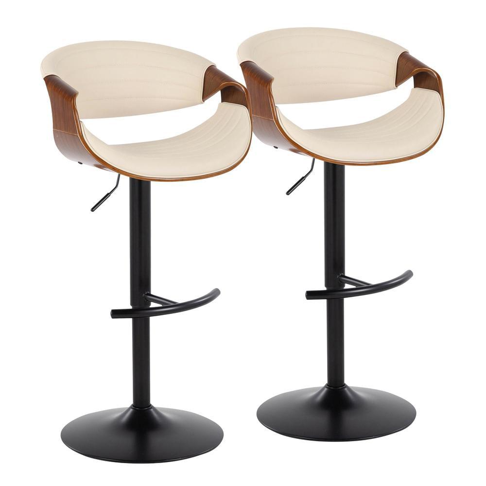 Symphony Mid-Century Modern Adjustable Barstool With Swivel In Black Metal, Walnut Wood And Black Faux Leather With Rounded T Footrest - Set Of 2