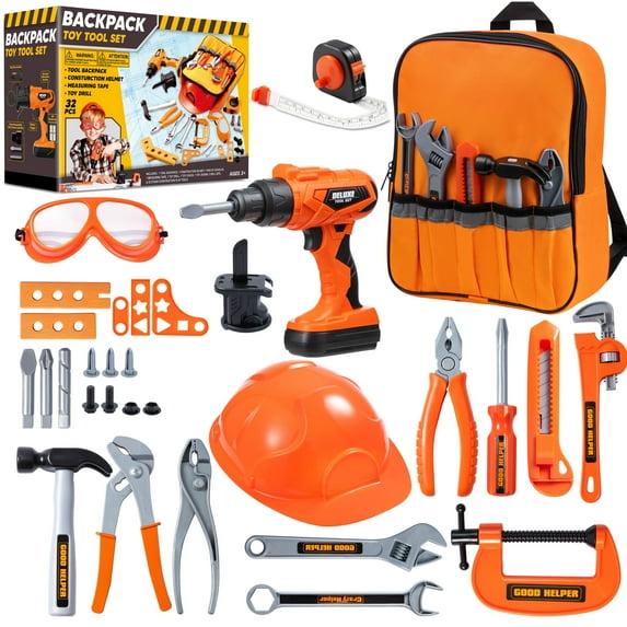 Joyfy 32PCS Kids Tool Set with Construction Backpack Costume & Toy Drill - Pretend Play Tool Kit for Boys & Girls Halloween Birthday Dress Up Party