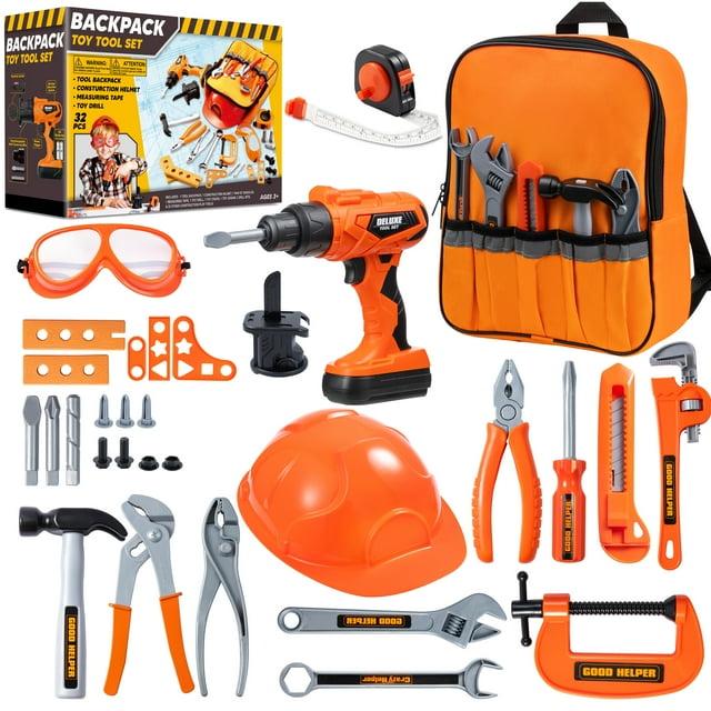 Joyfy 32PCS Kids Tool Set with Construction Backpack Costume & Toy Drill - Pretend Play Tool Kit for Boys & Girls Halloween Birthday Dress Up Party