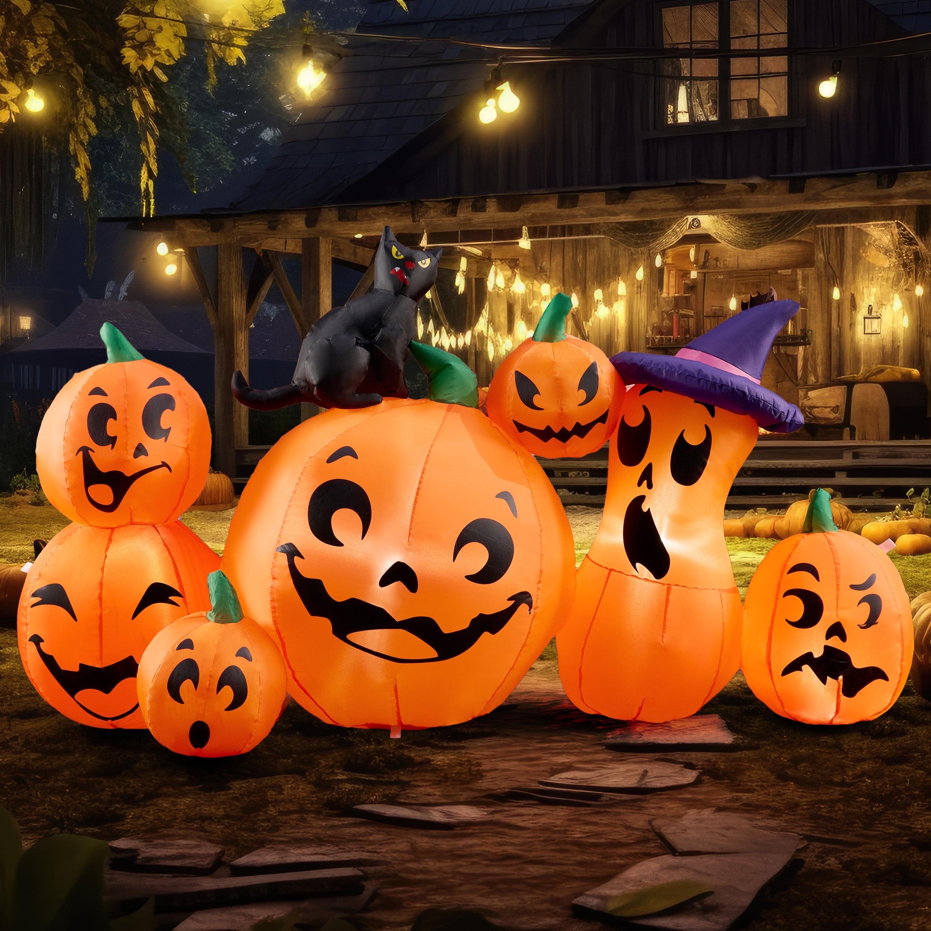 Joyfy 6 FT Halloween Inflatable Long Pumpkin with Witch's Cat Decorations Inflatables with Build-in LEDs,Halloween Decor Outdoor Blow Up Yard Decorations