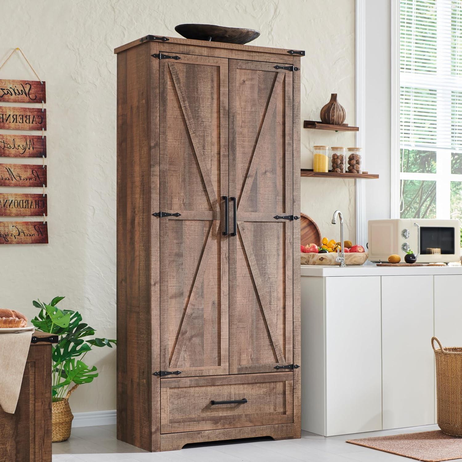 Rustic Brown Tall Farmhouse Pantry Cabinet with Adjustable Shelves