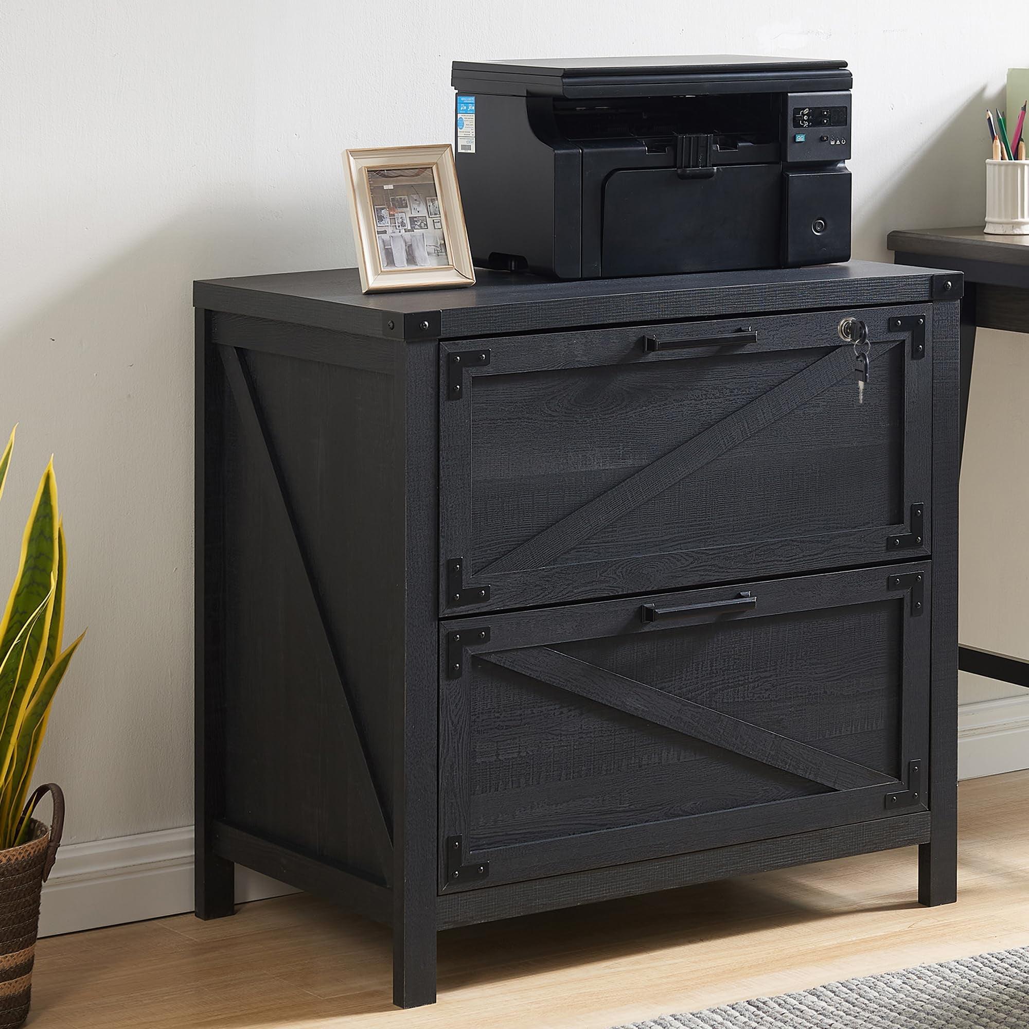 Black Farmhouse Lockable 2-Drawer Lateral File Cabinet