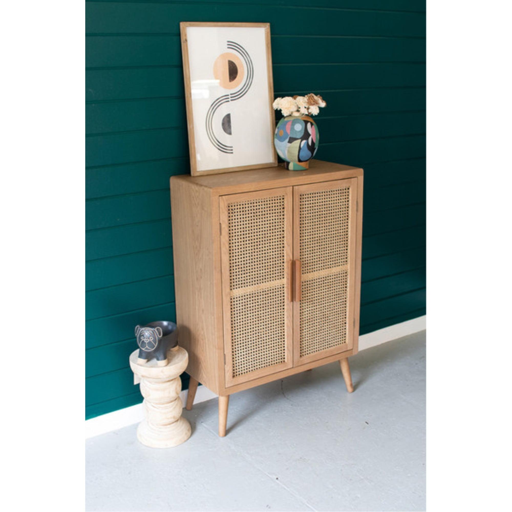 Retro Ashwood Tall Cabinet with Woven Cane Doors
