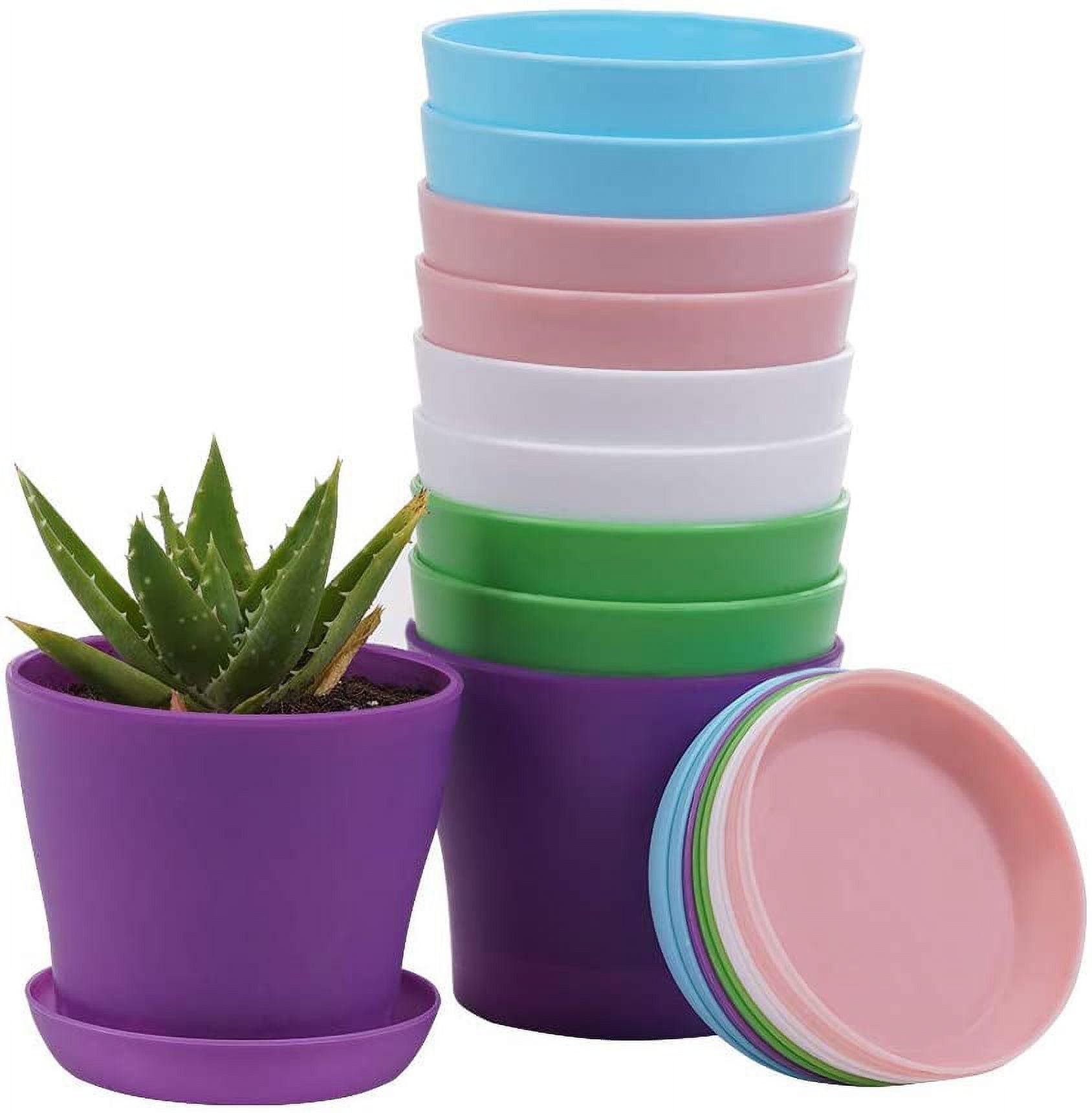 TDHDIKE 10 Pcs Plastic Planters Indoor Pots, Mini Flower Seedlings Nursery Flower Pot with Pallet, Modern Decorative Gardening Containers Pink / White / Purple / Blue / Green