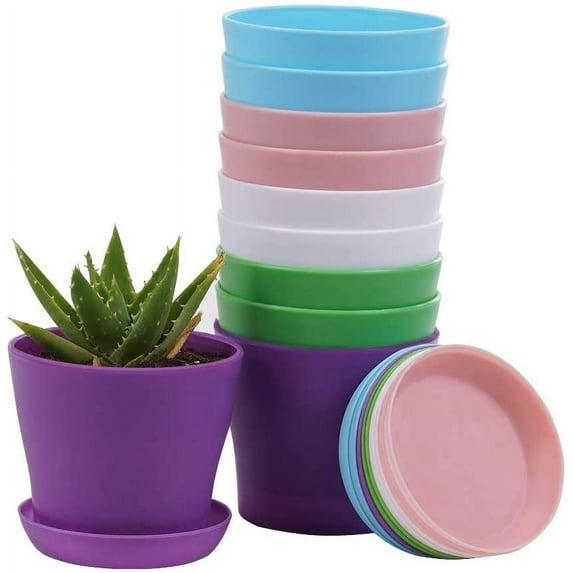 TDHDIKE 10 Pcs Plastic Planters Indoor Pots, Mini Flower Seedlings Nursery Flower Pot with Pallet, Modern Decorative Gardening Containers Pink / White / Purple / Blue / Green