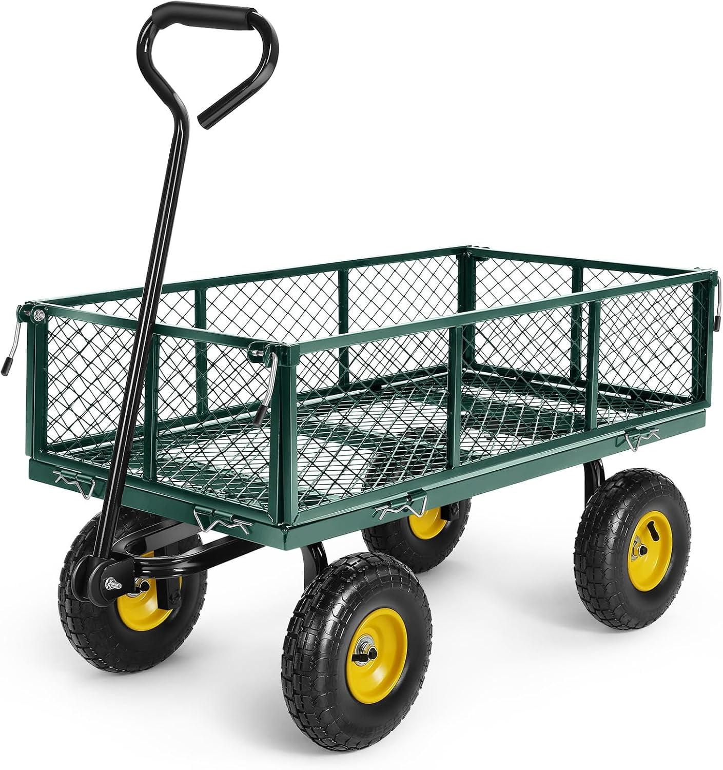 Green Heavy-Duty Steel Garden Wagon with Pneumatic Tires