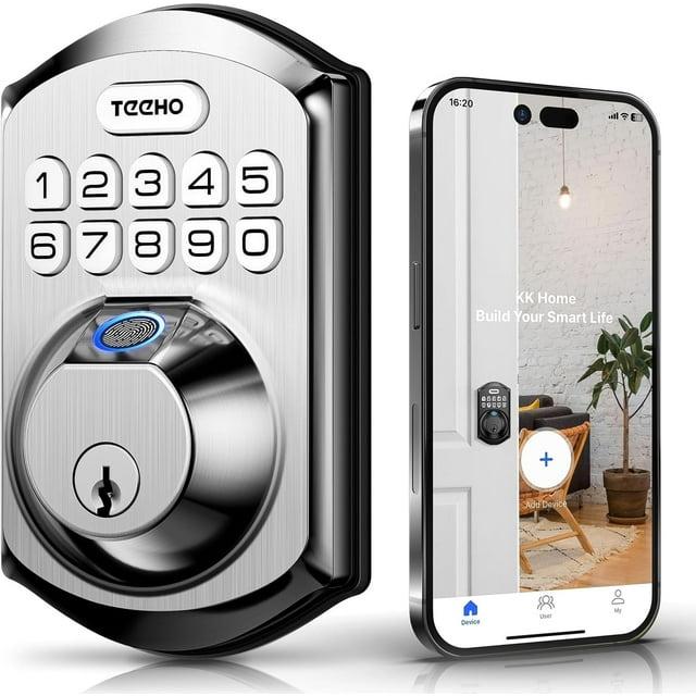 TEEHO Fingerpint Keyless Entry Keypad, Smart Digital Deadbolt Door Lock for Front Door, Remotely Share Temporary PIN Code, Easy Installation-Satin Nickel