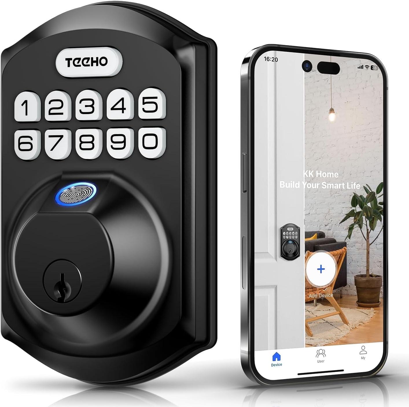 TEEHO Fingerpint smart lock, Keyless Entry Door Lock,  Digital Deadbolt Lock for Front Doors, Remotely Share PIN Code, Easy Installation-Matte  Black