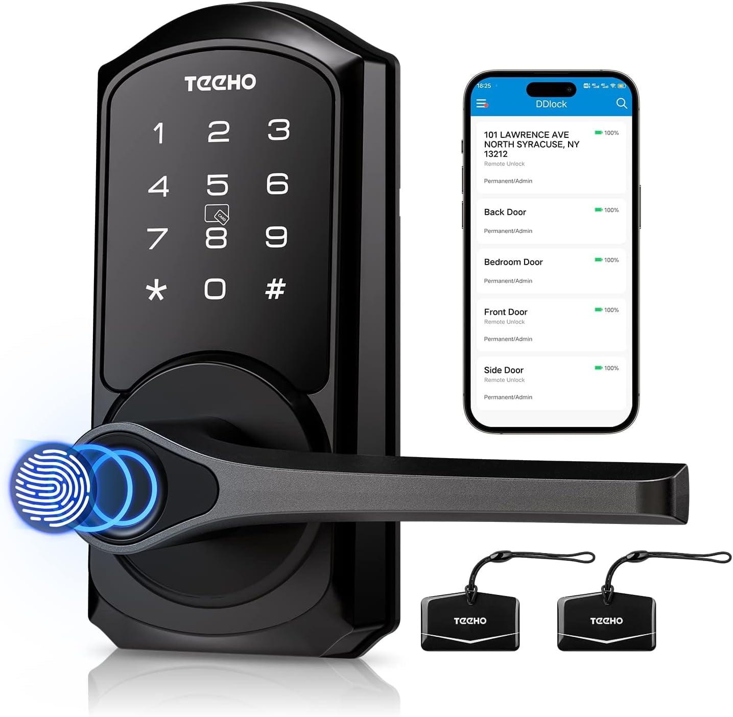 TEEHO TE009 Keyless Entry, Bluetooth APP Waterproof Smart 6-in-1 Fingerprint Lock with Handle