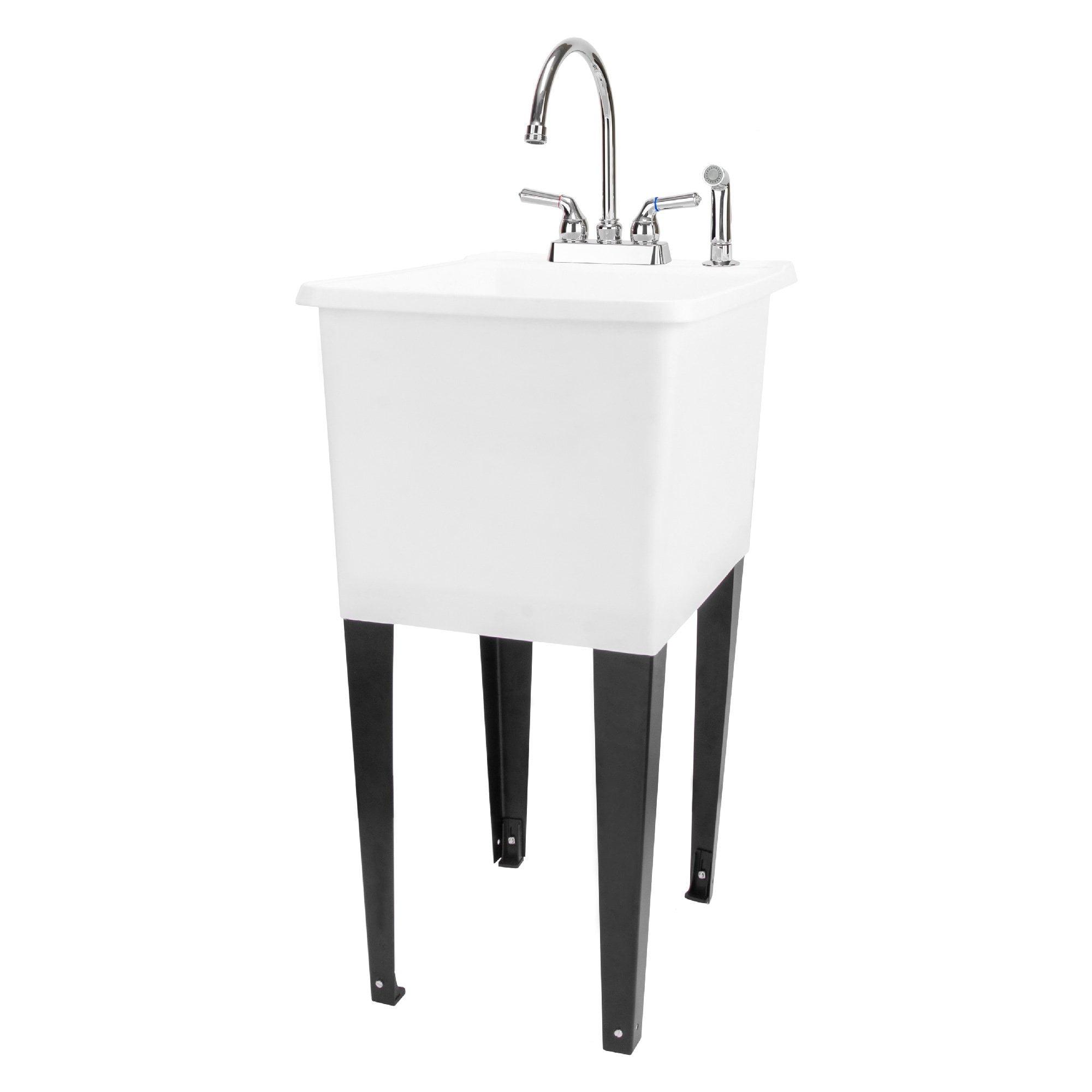 White Freestanding Utility Sink with Chrome Faucet and Sprayer