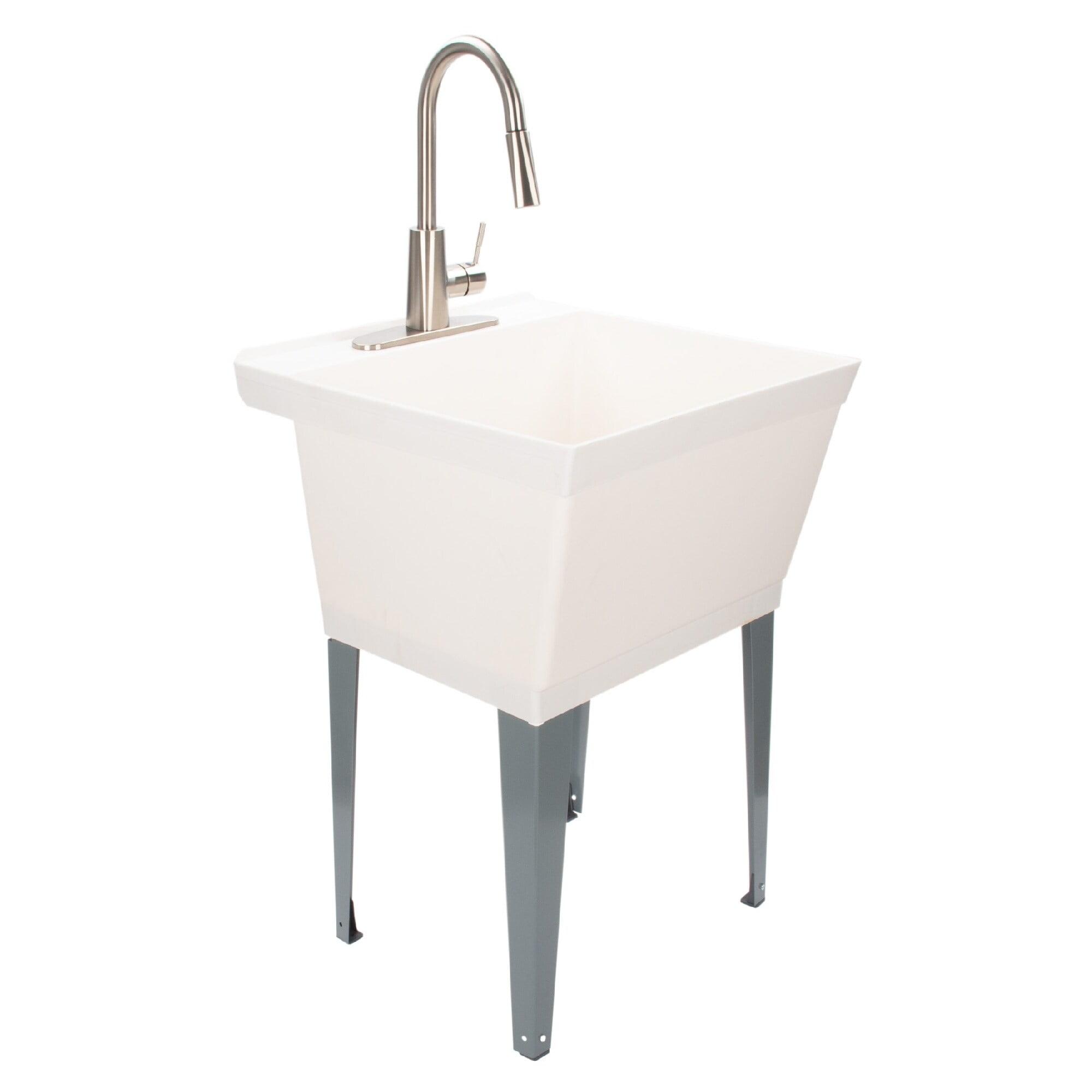 White Freestanding Utility Sink with Stainless Steel Faucet