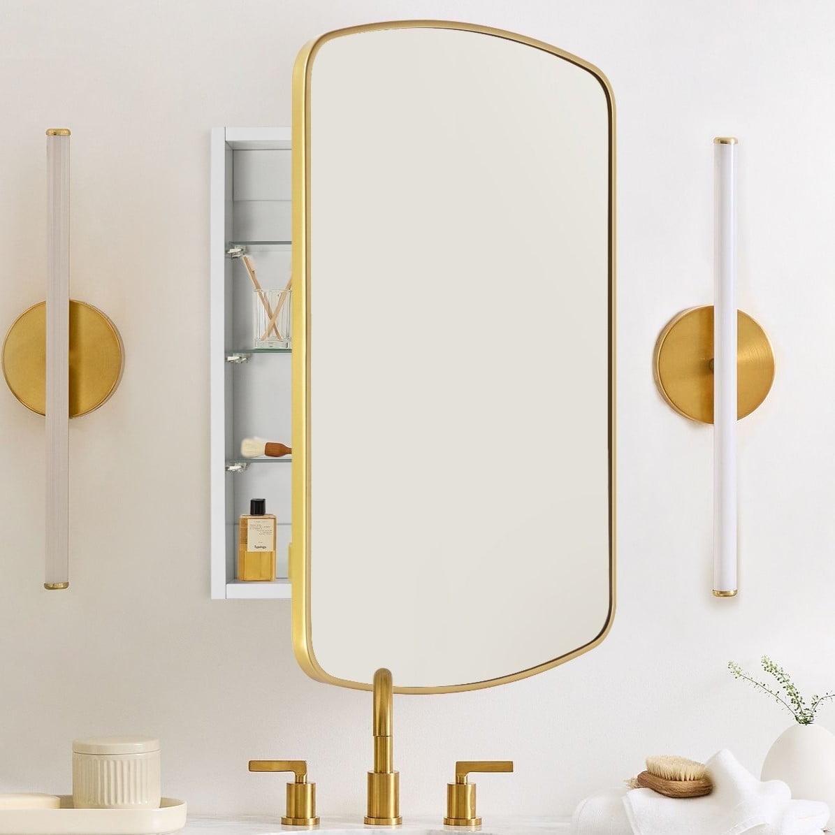 TEHOME 18 in. W x 27 in. H Arched Recessed and Surface Mount Metal Framed Bathroom Medicine Cabinet with Mirror in Brushed Gold