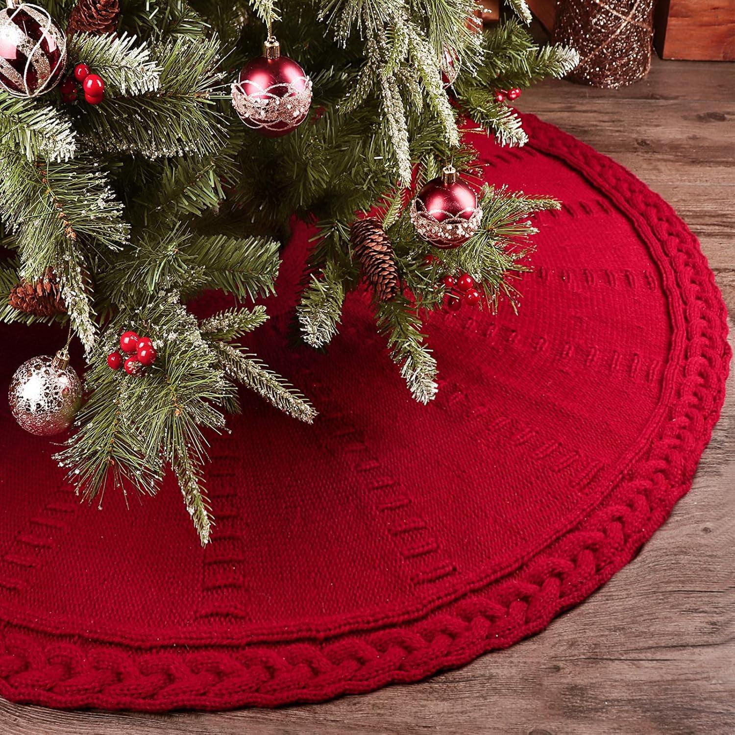 TETOU 48In Knitted Christmas Tree Skirt, Wine Red Tree Skirt, Braided Cable Knit Thick Rustic Christmas Tree Decorations, Farmhouse Christmas Decor Xmas Holiday Home Party Decorations