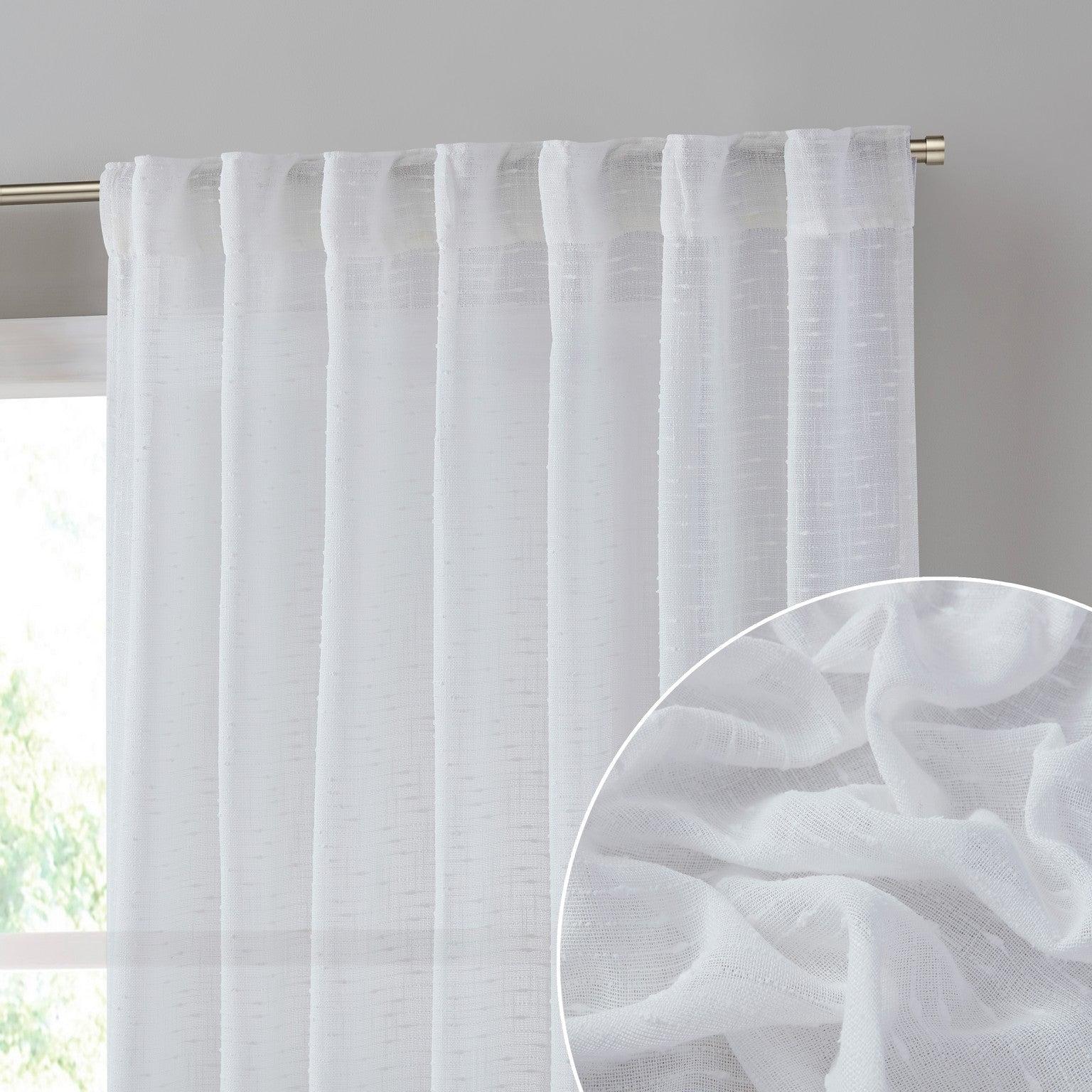 White Faux Linen Light-Filtering Back Tab Rod Pocket Curtains, 84"