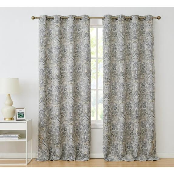 HLC.ME Paris Paisley Decorative Print Damask Pattern Light Reducing Grommet Window Curtain Panels for Bedroom, Set of 2 - Grey, 50 W x 63 L