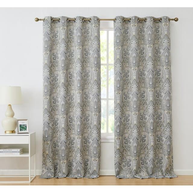 HLC.ME Paris Paisley Decorative Print Damask Pattern Light Reducing Grommet Window Curtain Panels for Bedroom, Set of 2 - Grey, 50 W x 96 L