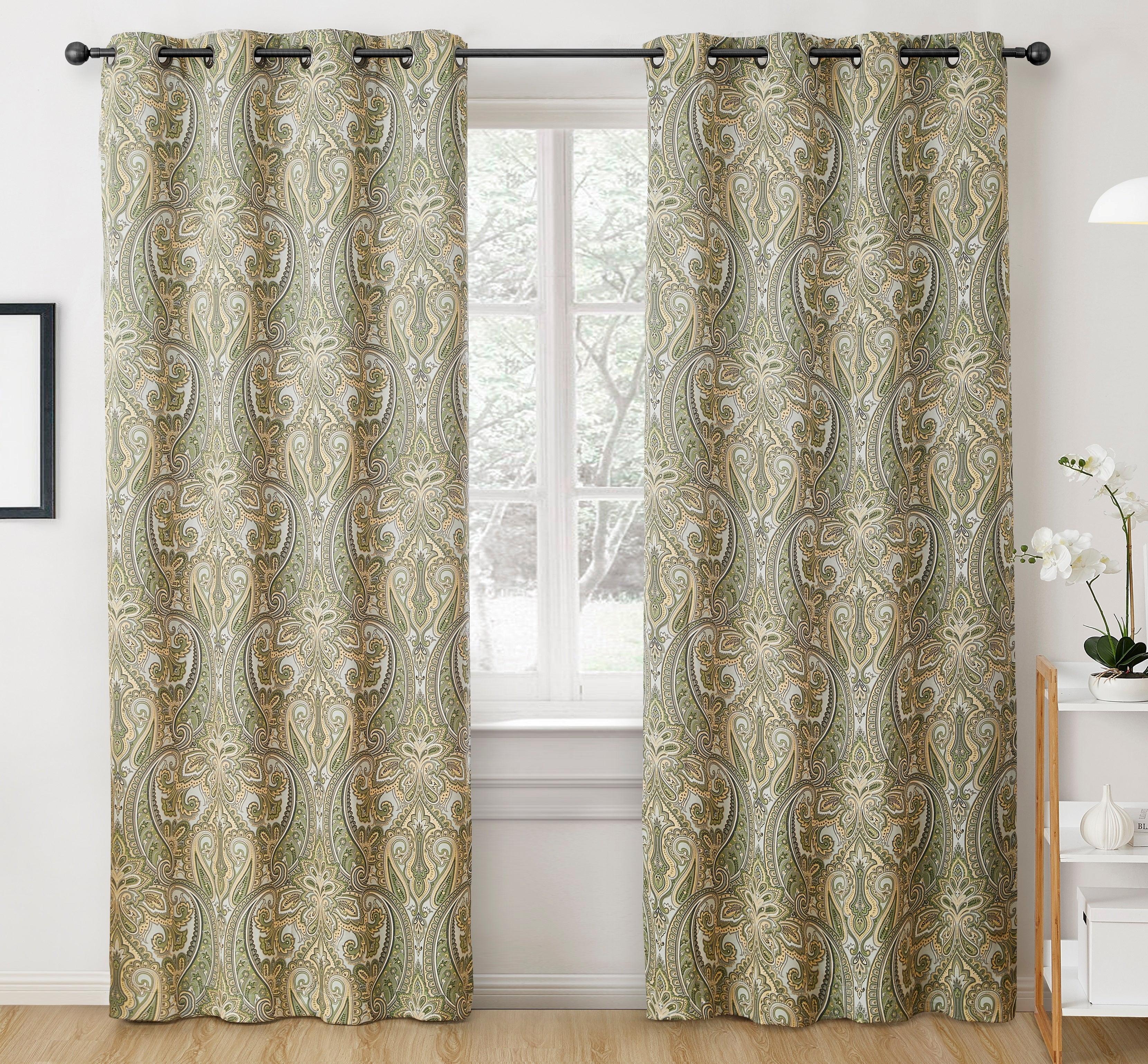 HLC.ME Paris Paisley Decorative Print Damask Pattern Light Reducing Grommet Window Curtain Panels for Bedroom, Set of 2 - Sage, 50 W x 84 L