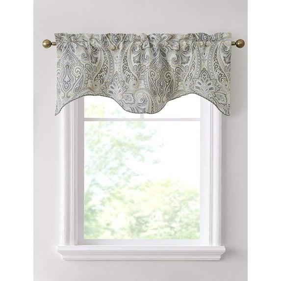 HLC.ME Paris Paisley Rod Pocket Short Scalloped Curtain Valance Basement, Bathroom, Kitchen and Small Windows - Grey/Yellow, 50 W x 20 L