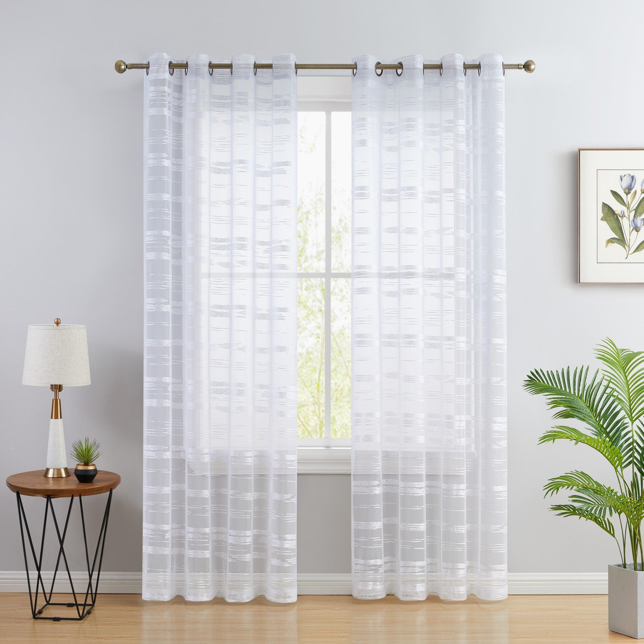 HLC.ME Broadway Stripe Decorative Semi Sheer Light Filtering Grommet Window Treatment Curtain Panels - Set of 2 - White, 54 W x 96 L