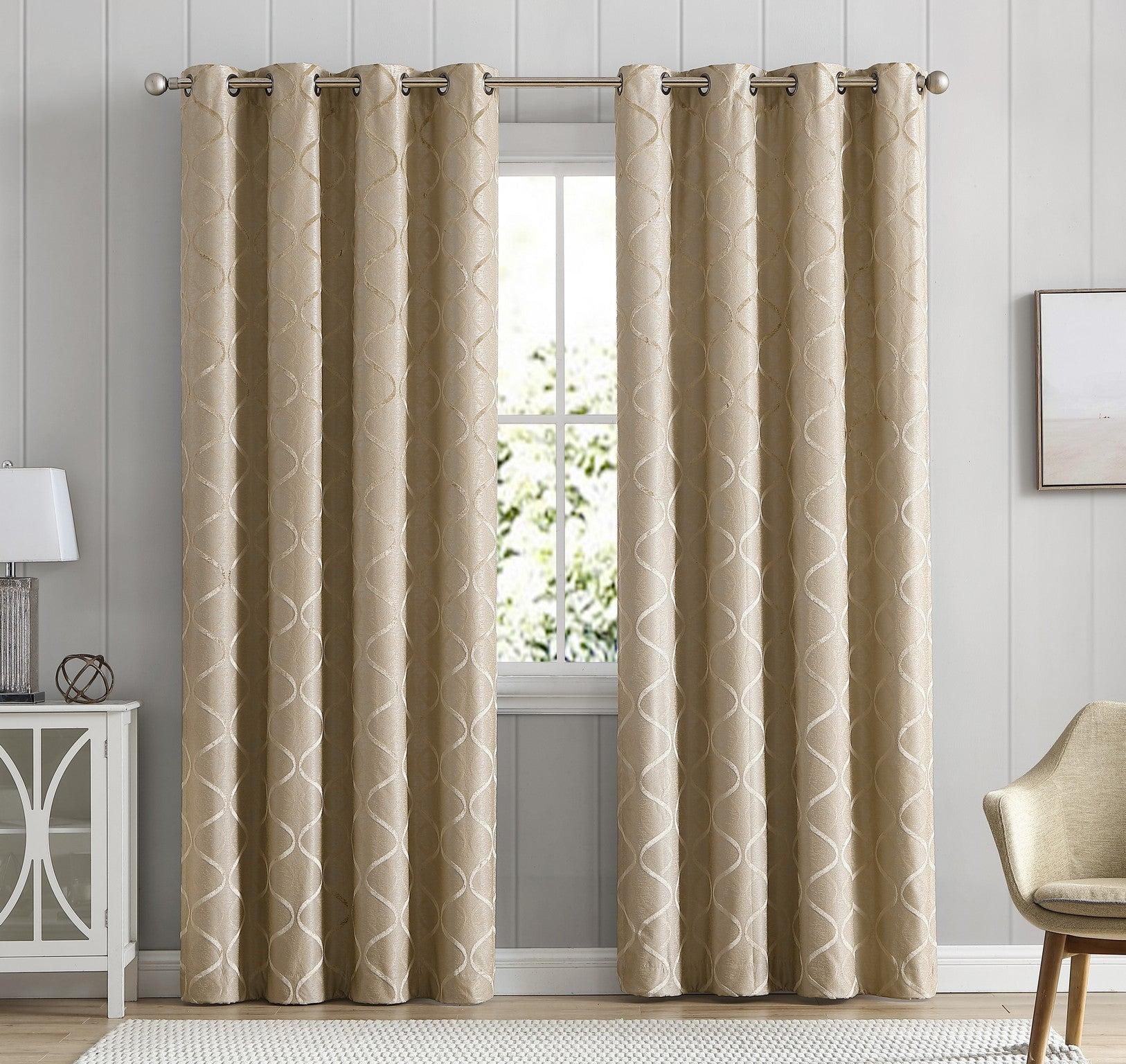 HLC.ME Versailles Lattice Flocked 100% Complete Blackout Thermal Insulated Window Curtain Grommet Panels, Set of 2 - Taupe, 50 W x 63 L