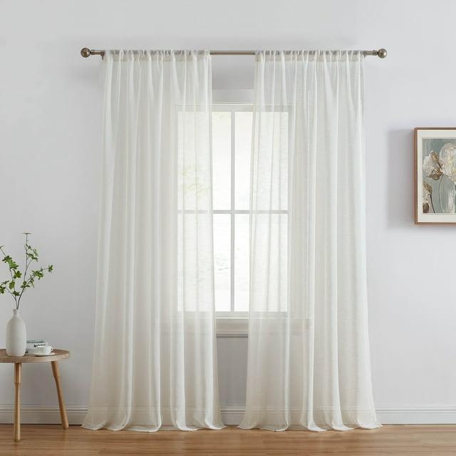 HLC.ME Penelope Faux Linen Textured Privacy Sheer Light Filtering Rod Pocket Curtains Panels, Set of 2 - Ivory, 54 W x 96 L